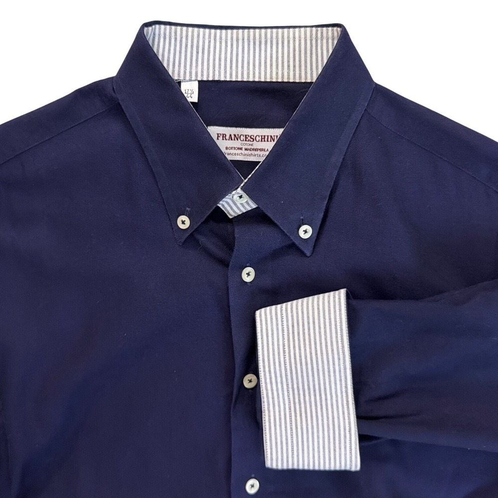Franceschini Mens Navy Blue Cotton‎ Button Down Dress Shirt Striped Trim 17.5 44